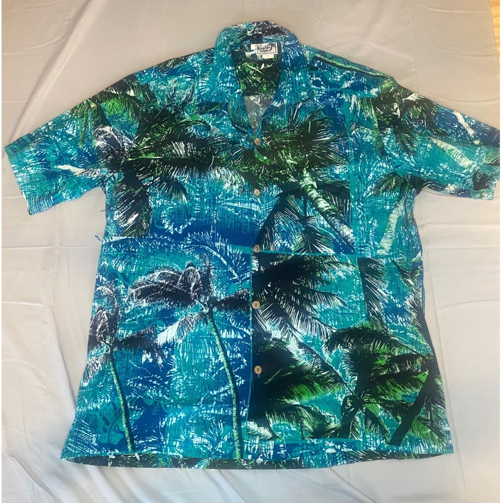 Paradise Style Hawaii Button Up Mens 3XL Blue Excellent Palm Tree Tropical Print